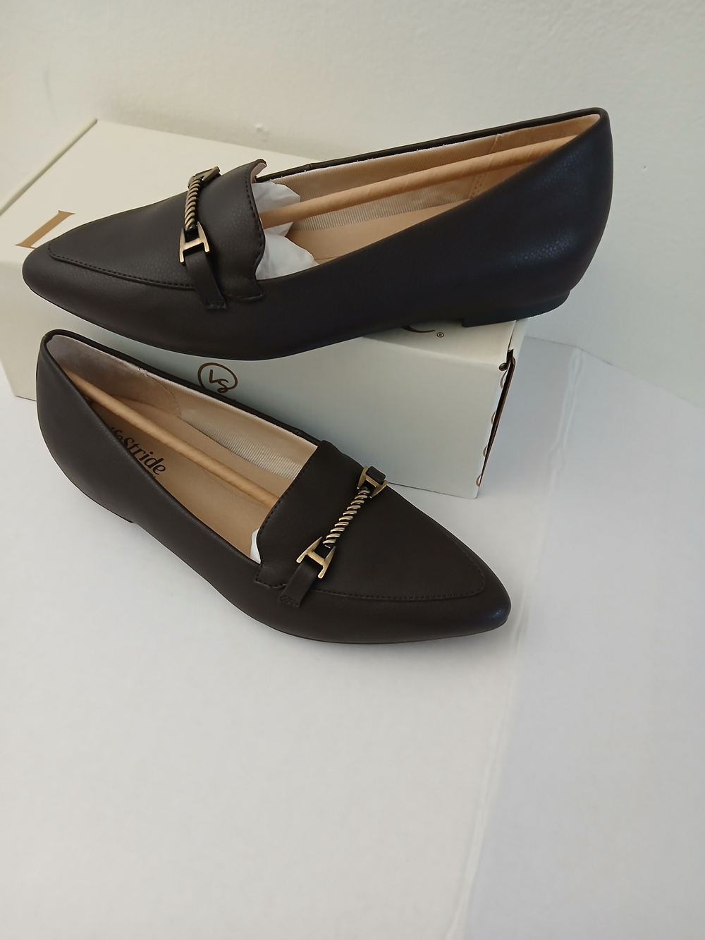 Life Stride Women's Dark Chocle Pointed Toe Loafers with Gold Accent $22